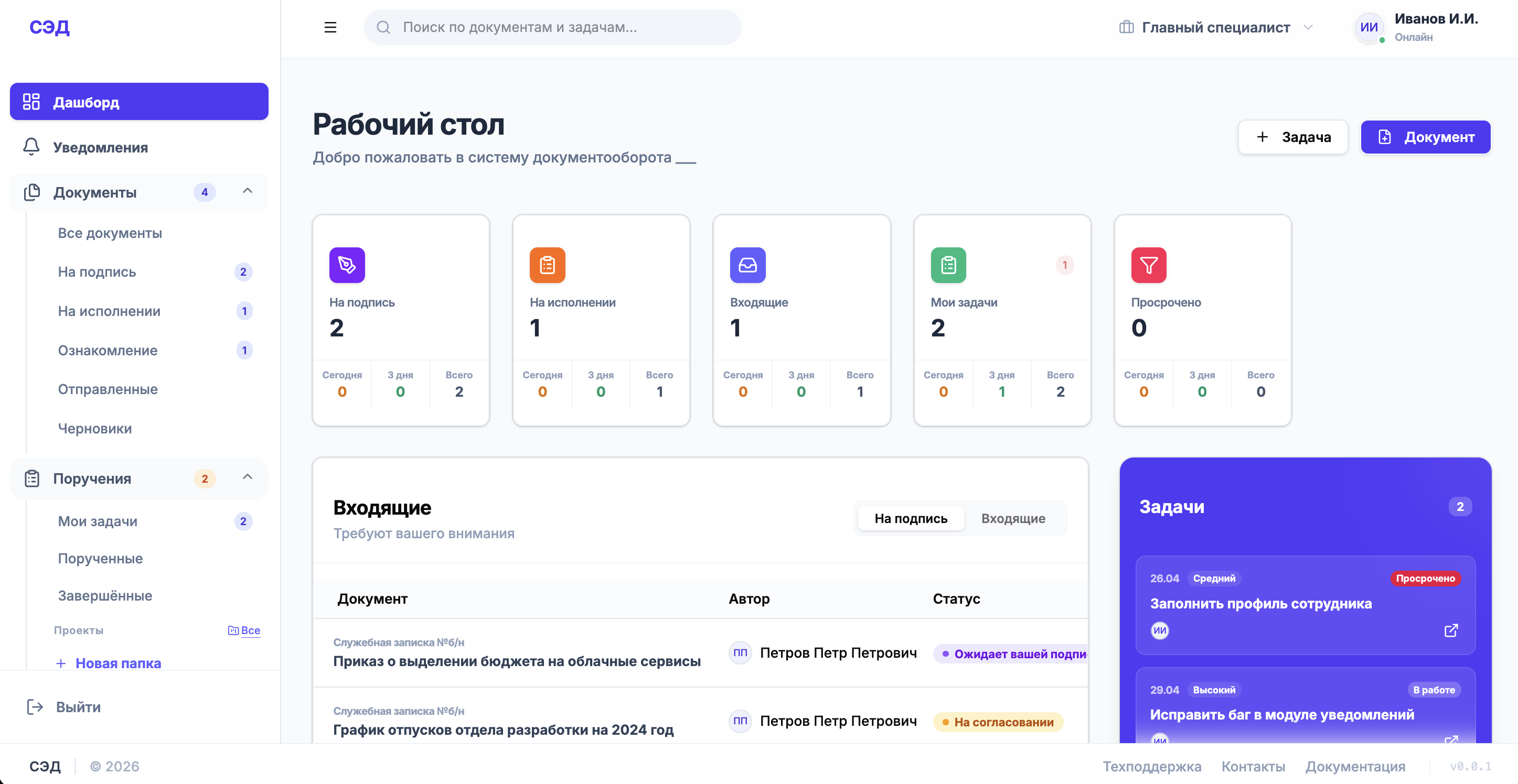 Интерфейс СЭД: дашборд